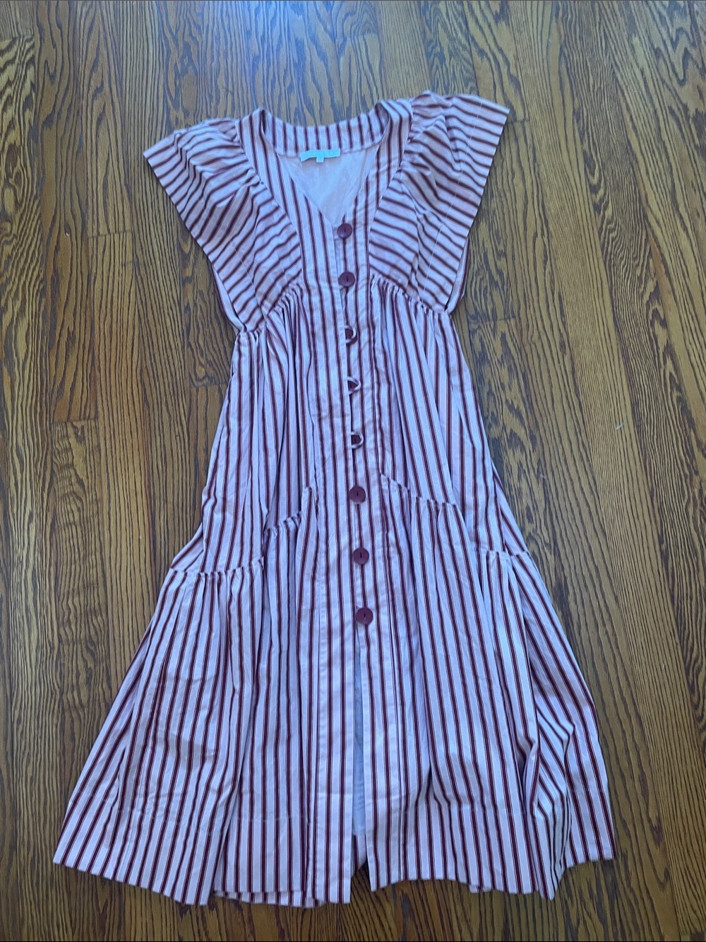 Karlie Pink and Burgundy Striped Button-Front Midi Dress